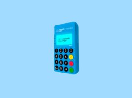 Foto da maquininha Point Mini NFC 1 sobre fundo azul claro