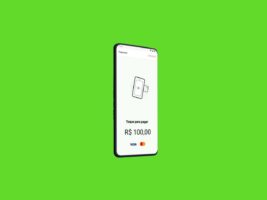 Foto de um smartphone sobre um fundo verde claro com o app TapTon aberto na tela